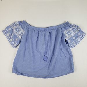 Old Navy Blue Off the Shoulder Top Blouse Womens Large Blue Short Sleeve